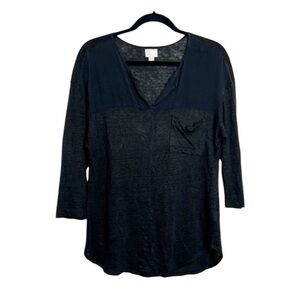 Anthropologie Postmark Linen and Silk 3/4 sleeve split neck top size Small